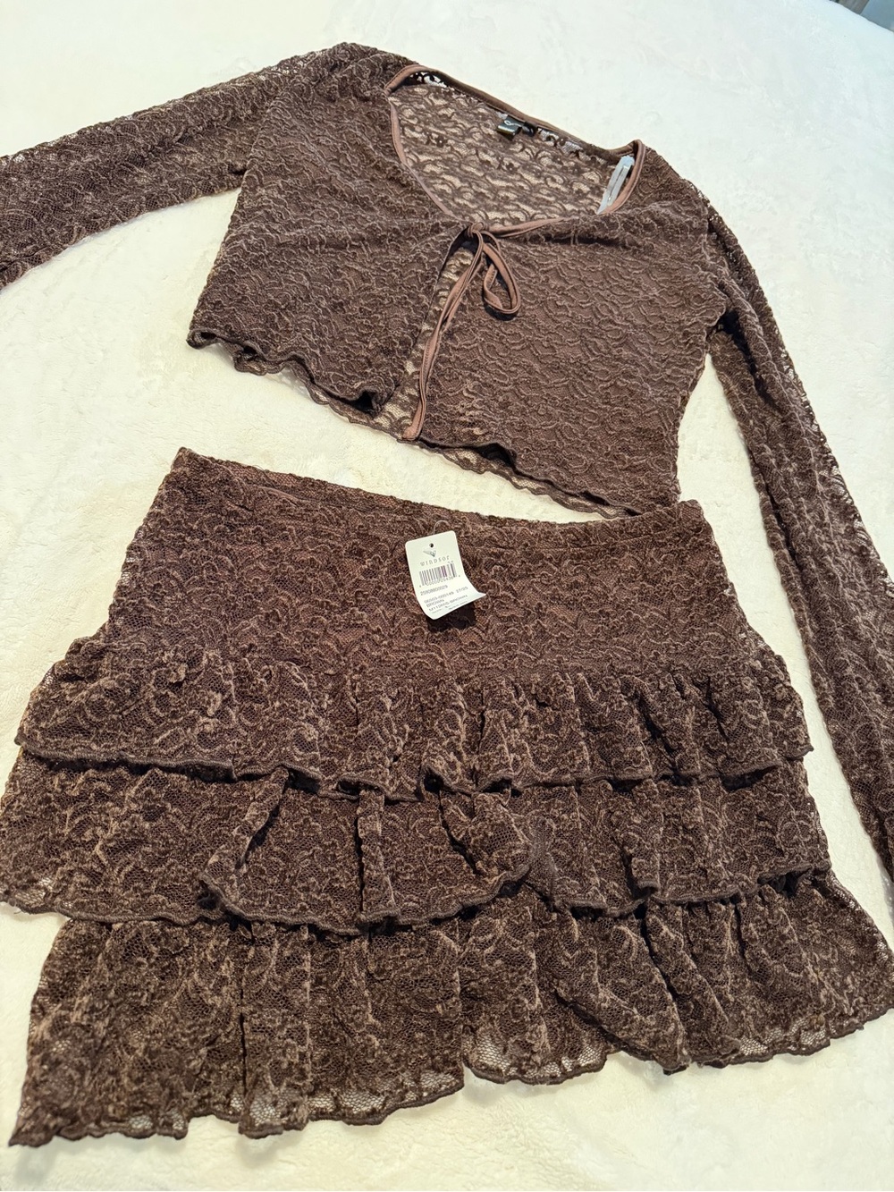 Windsor Tiered Ruffle Mini Skirt in Brown top